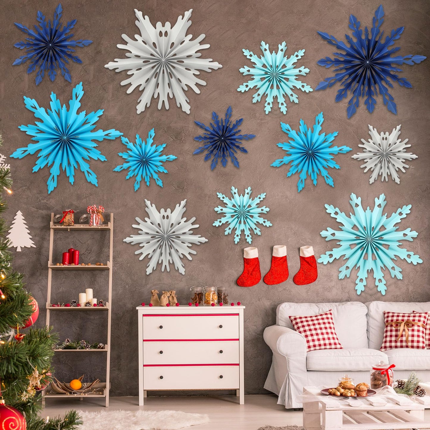Fuyoooo 12 Pcs Snowflakes Hanging Decorations Blue Purple White Paper Fans Hollow Snowflakes Ceiling Hangings Decor Ice Birthday Fans Decor for Wedding Birthday Holiday Party Decoration(Blue)