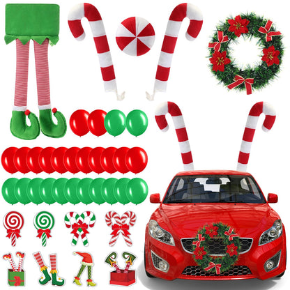 Soulchen 73 Pcs Christmas Car Decoration Kit Candy Cane Santa Claus Nose Hanging Elf Legs Xmas Wreath PVC Decoration Red Green Balloons Christmas Candy Car Accessories for Truck Vehicle Decorations
