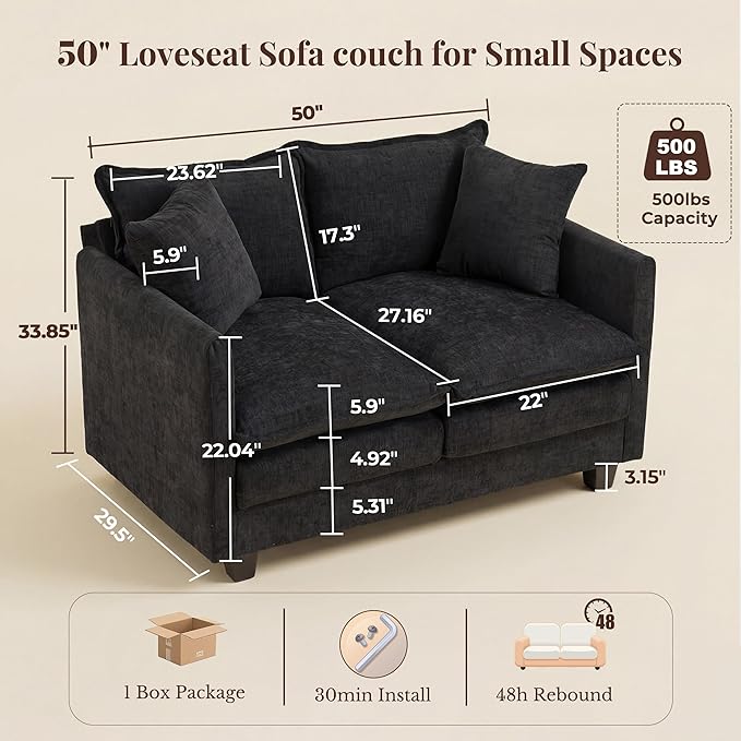 Loveseat Sofa with Cloud 3-Layer Cushion & 27" Deep Seat, Modern Small Couch