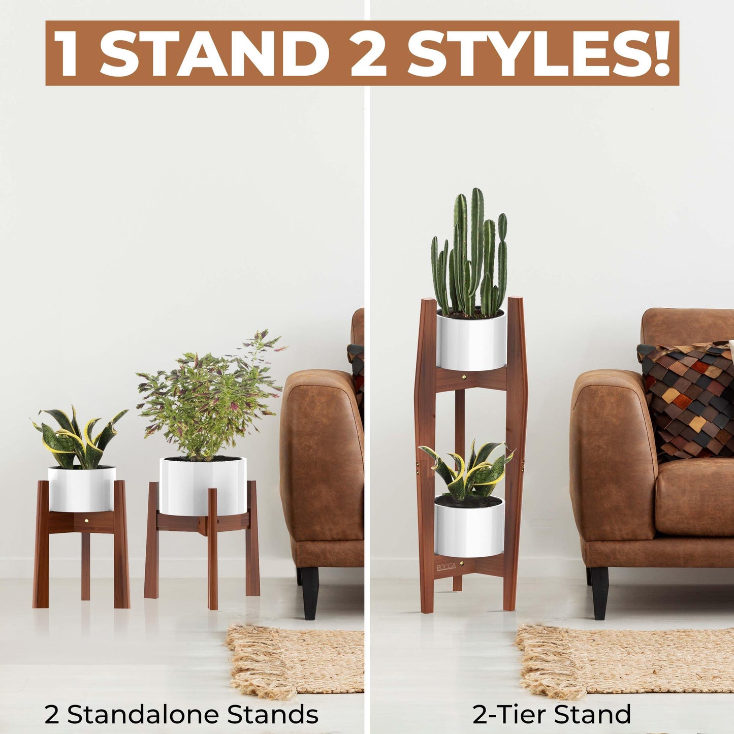 ROCCA 2-Tier Tall Plant Stand Indoor – Adjustable Bamboo Plant Stand (8–12”), Wooden Corner Pedestal for Multiple Pots, Modern Space-Saving Design