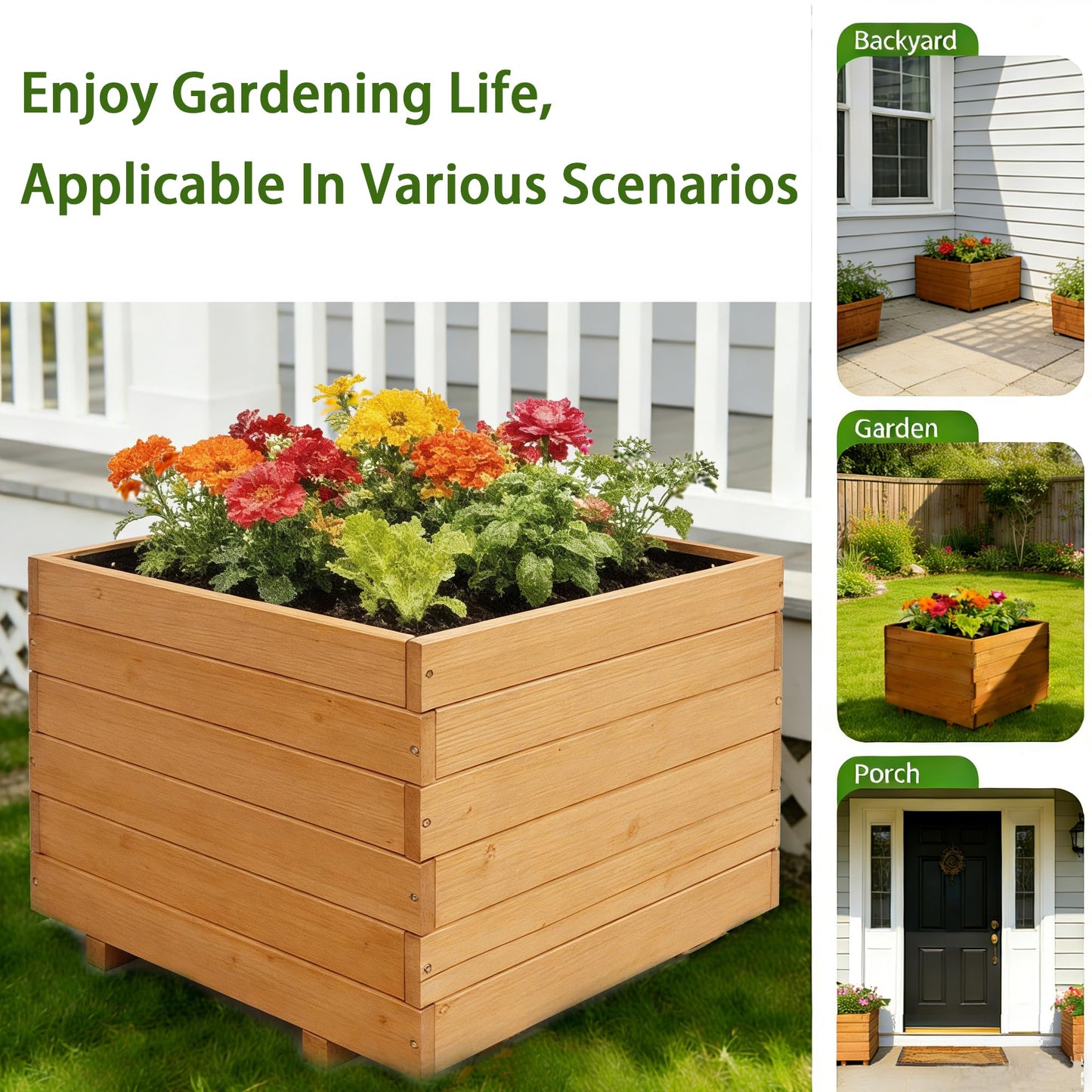 ScienGarden 15.75" Square Wooden Planter Box, 12.6" H Raised Garden Box, Fir Wood Outdoor Planter with 2 Drainage Holes, Reinforced Bottom Supports, Mortise & Tenon Corners, Water-Based Paint Finish