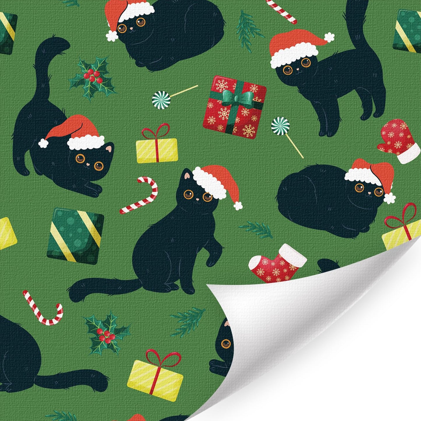 IARTTOP Christmas Cat Wallpaper Peel and Stick Christmas Party Contact Paper for Cabinets Black Cats Santa Hats Wallpaper Candy Cane Green Xmas Backdrop for Holiday Bedroom Cat Lovers(17.3"X118.1")