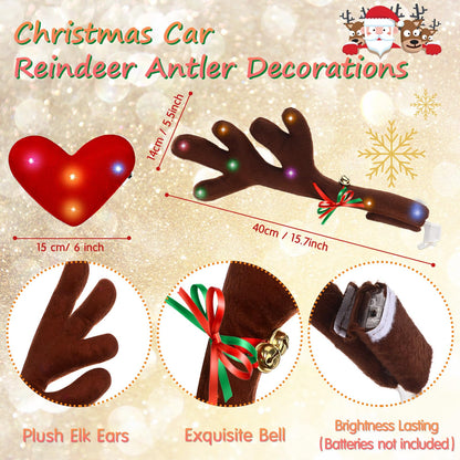 Frienda 2 Pcs Car Reindeer Antler Kit Christmas Decorations with LED Lights Hanging Santa Claus Legs and Deer Nose Star Candy Canes Auto Accessories for Christmas Car Decorations (Cute Style)