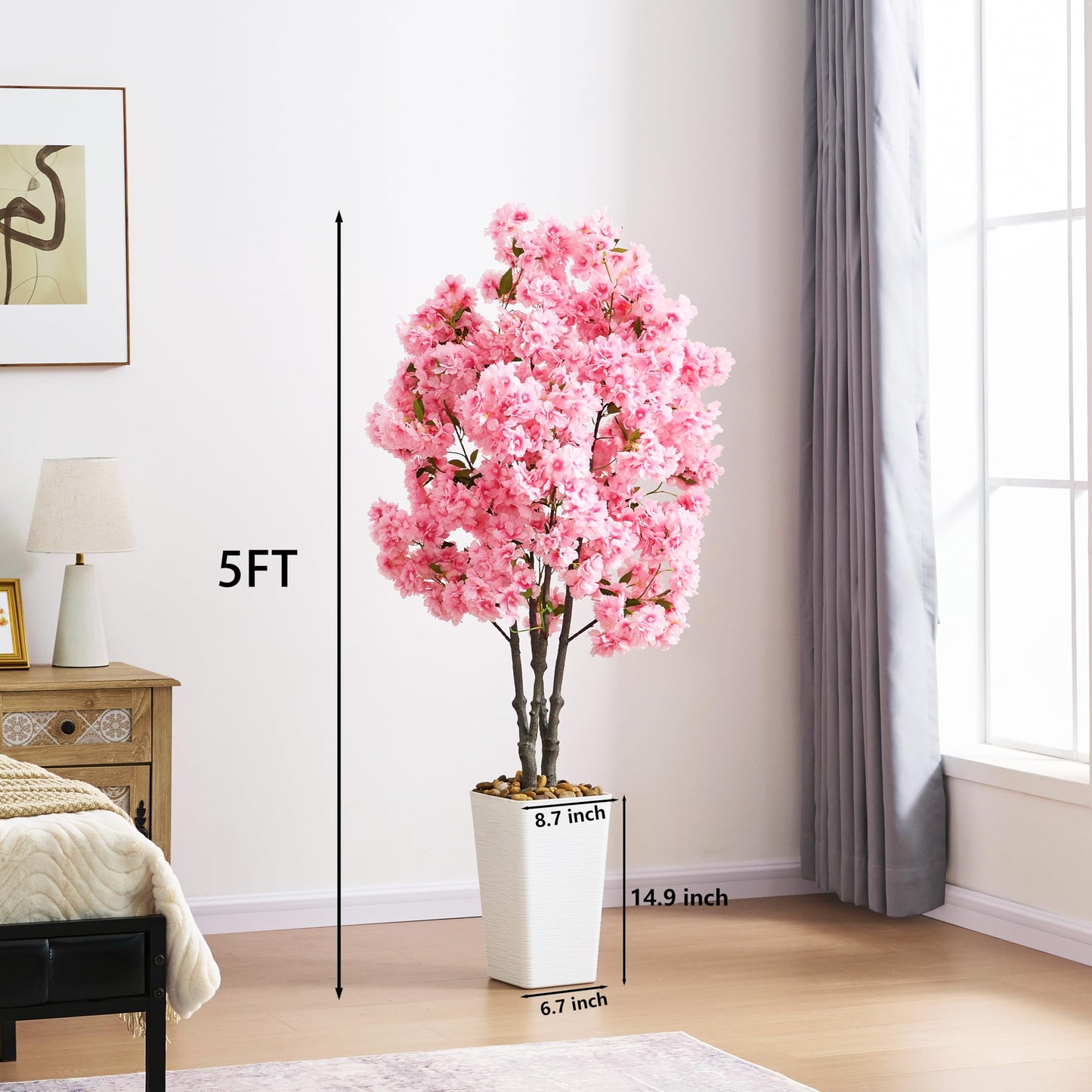 Artificial Cherry Blossom Tree 5FT Tall Pink Fake Sakura Flowers Tree, Fake Plants Indoor Decor for Spring Living Room Home House Entryway Bedroom Office Inside Wedding Party Valentine's Day