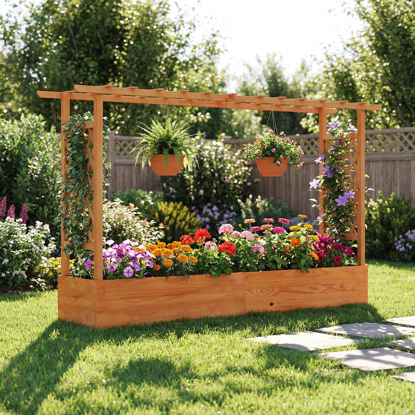 Giantex Raised Garden Bed with Trellis & Hanging Roof, Wood Planter Box with Bottom and Drainage Holes, Freestanding Garden Planter for Flower Vegetable Fruit Herb Climbing Vines (79" x 17.5" x 45")
