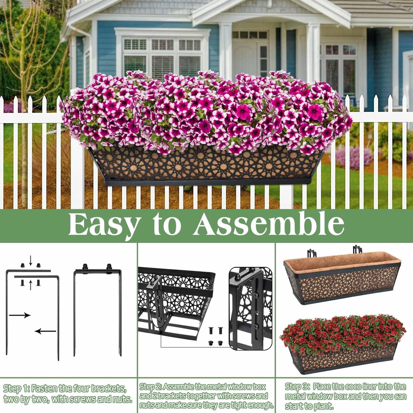 Halatool 24 Inch Window Box with Coco Liner, 4 Pack Sturdy Metal Flower Railing Planter with Coco Coir Basket Liners for Window Deck Fence Porch Balcony and Patio Outdoor Indoor Lawn