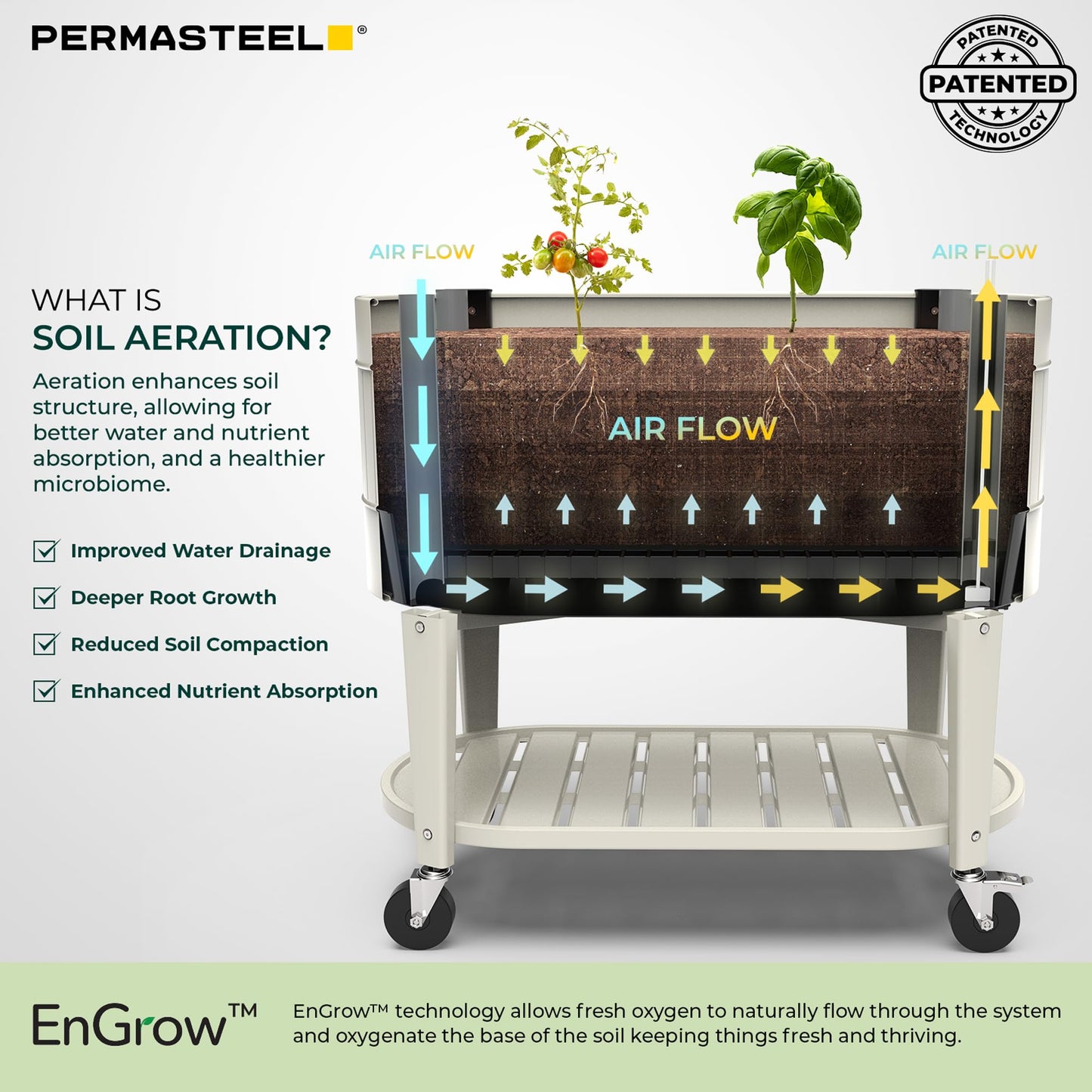 Permasteel Raised Garden Bed with Legs, Planter Box with EnGrow™ TrueSoil™ Technology for Vegetables, Flowers, Herbs, and Fruit, Outdoor Indoor, Storage Shelf, Caster Wheels, Ivory