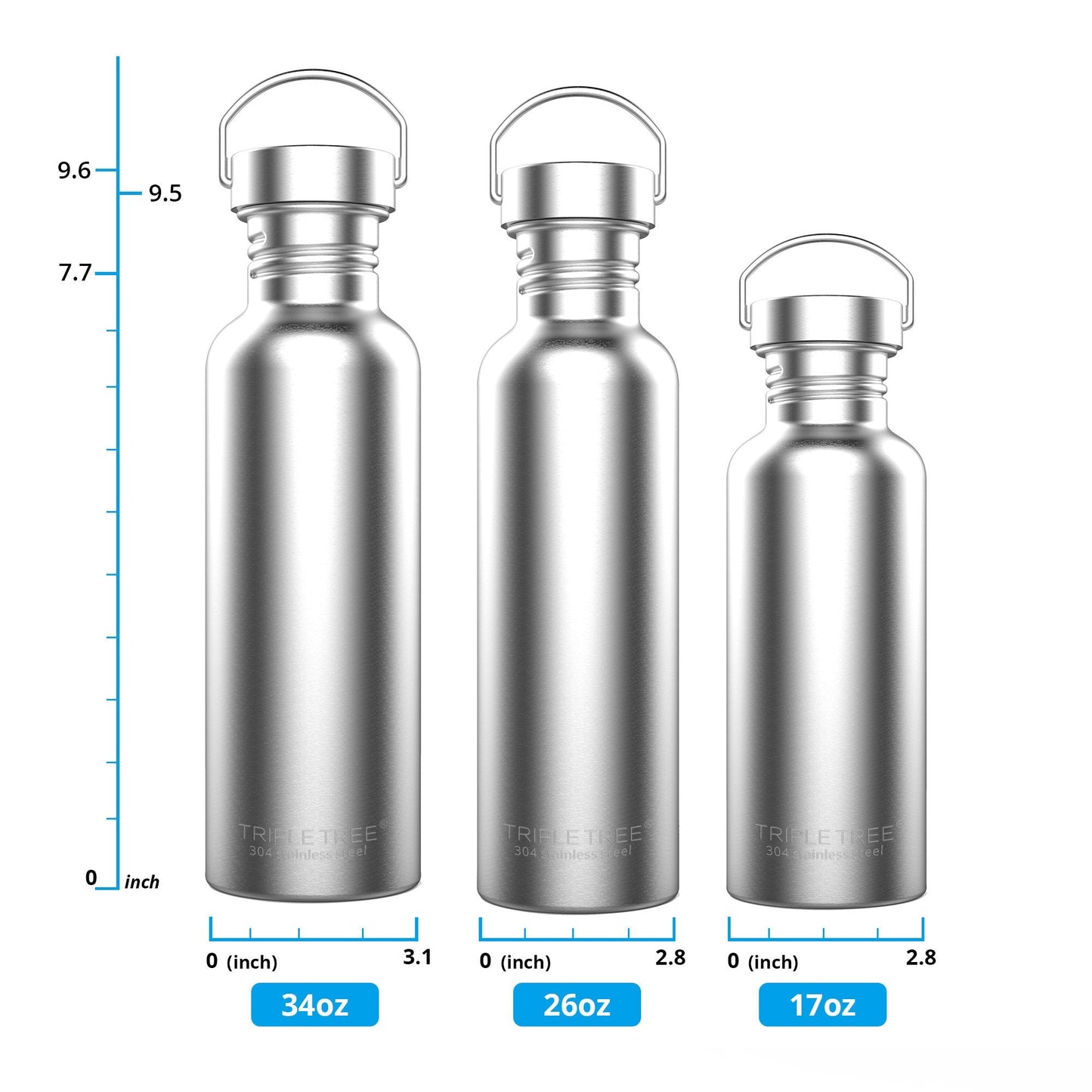 TRIPLE TREE 34 OZ Uninsulated Single Walled Stainless Steel Sports Water Bottle 18/8 Food Grade for Cyclists, Runners, Hikers, Beach Goers, Picnics, Camping - BPA Free