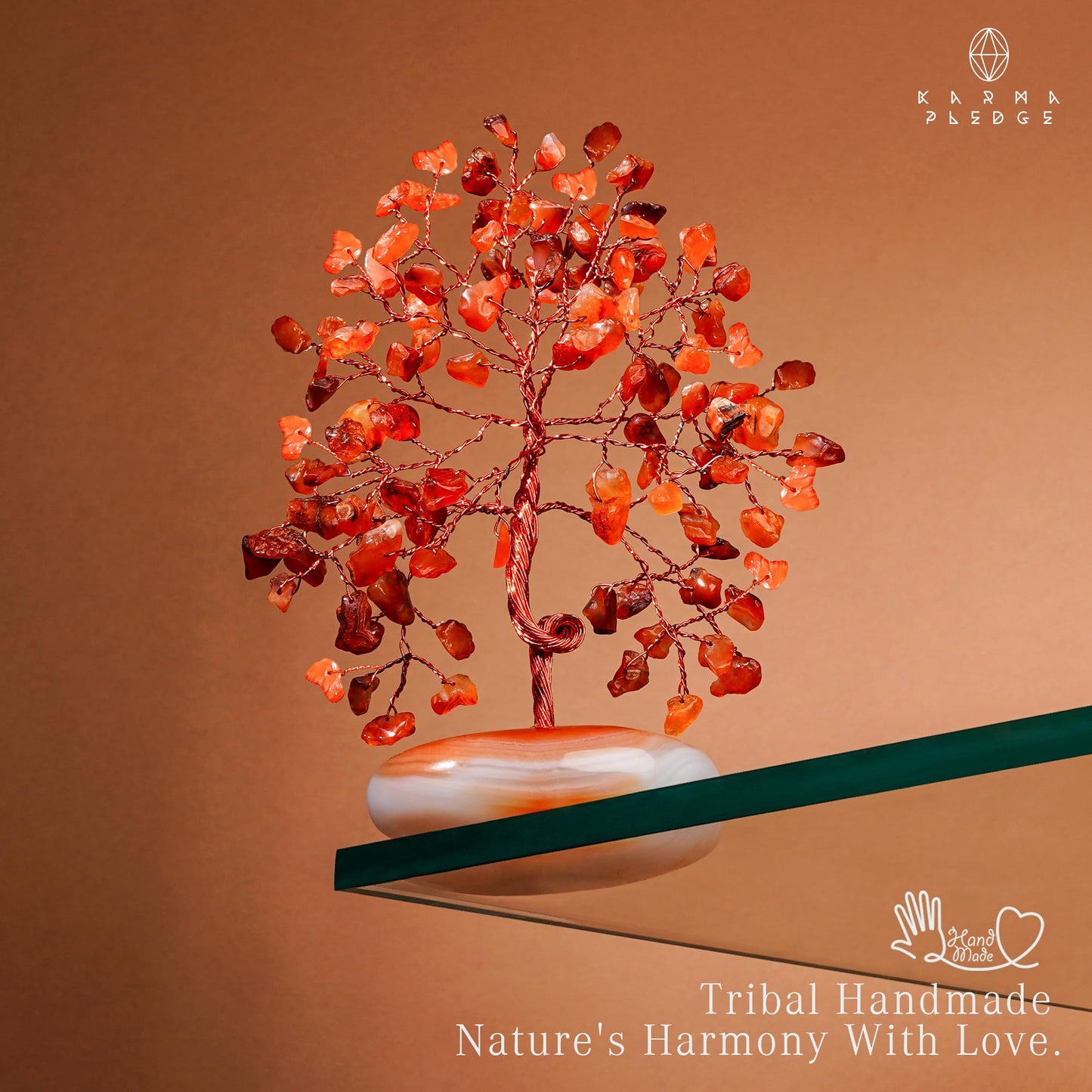 KARMAPLEDGE Crystal Tree of Life Home and Office Feng Shui Decor, Carnelian Healing Crystal Handmade Bonsai Tree for Positive Energy, Good Luck, Money, Christmas Decor, Birthday Gifts for Women, Mom