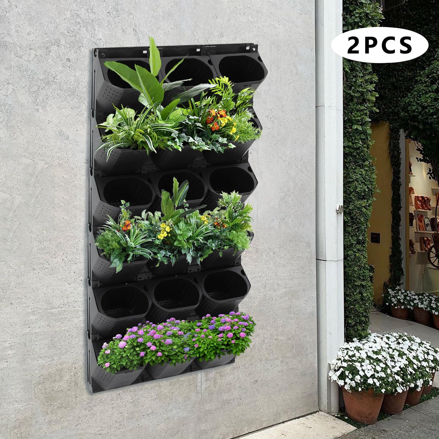 Eapmic Vertical Wall Planter with 36 Pots, Hanging Garden Plant Flowerpot Holder, Stackable Wall-Mounted Planter, Balcony Planters for Flowers Vegetables Fruits (Black, 36 Pots)
