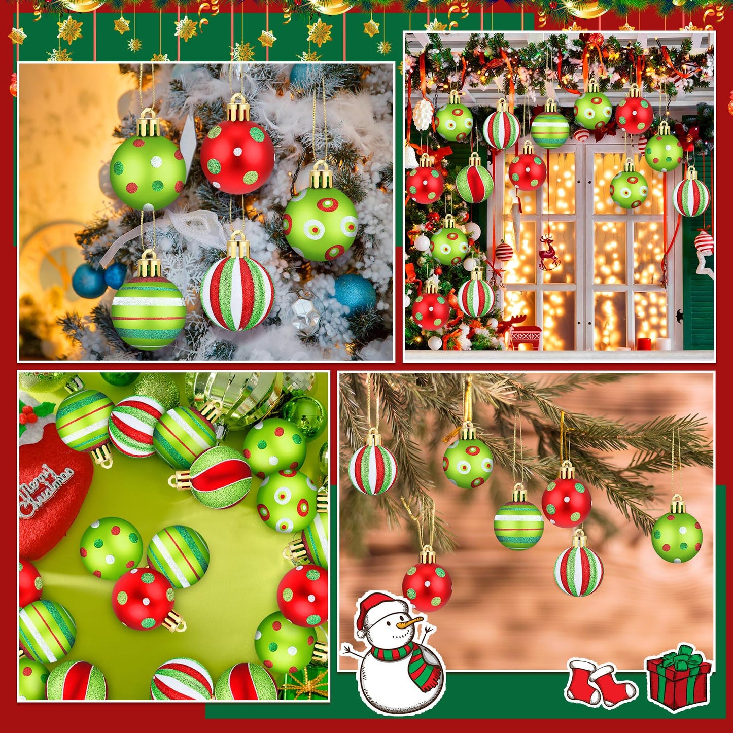 Jetec 24 Pcs Lime Green and Red Christmas Ball Ornaments for Tree 2.4 Inch Polka Dots Stripes Christmas Decorations Shatterproof Peppermint Candy Cane Xmas Baubles for Tree Home Wreath Party Decor