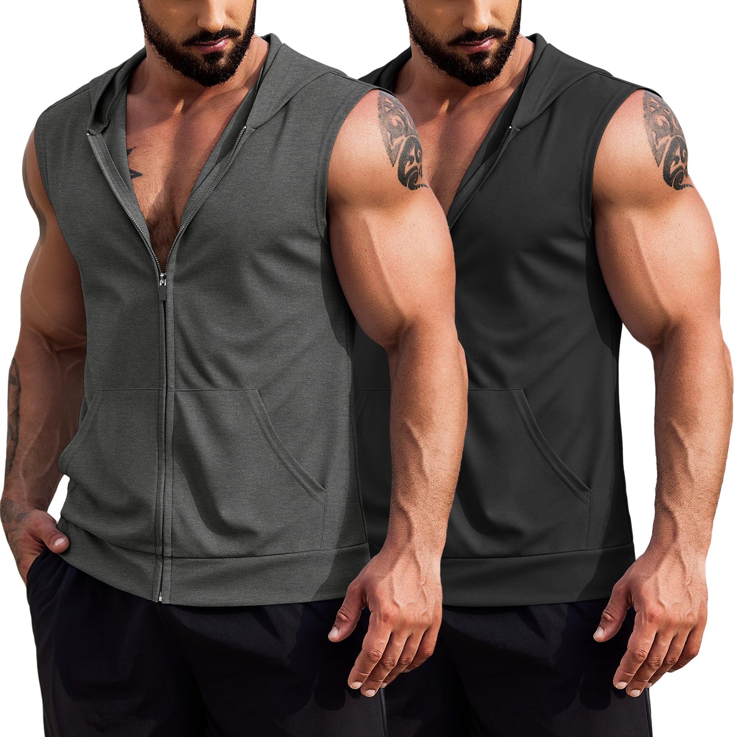 COOFANDY Men 2 Pack Fitness Tank Top Cotton Cutoff T Shirt Zip Gym Hoodies Workout Hooded Tank Athletic Black and Dark Grey L