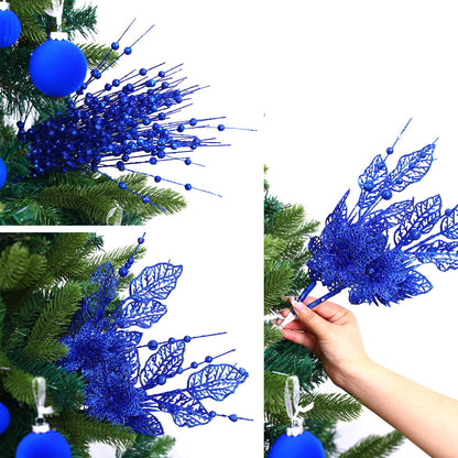 24 Pack Christmas Tree Ornaments - Artificial Flowers Glitter Berry Stems Christmas Floral Picks Branches for Xmas Tree Decorations Vase Filler Holiday Wedding Party Home Decor (Blue)