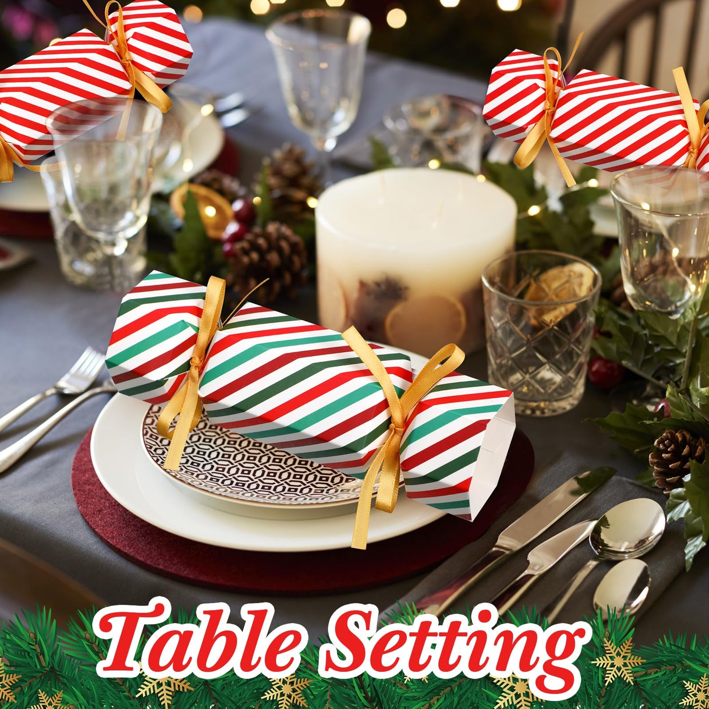 Xinnun 50 Packs Christmas Cracker Kit No Snap Xmas Party Table Favors Snowflake Reindeer DIY Christmas Party Cracker Candy Boxes for Holiday Dinner Decoration Gift (Stripe Style)