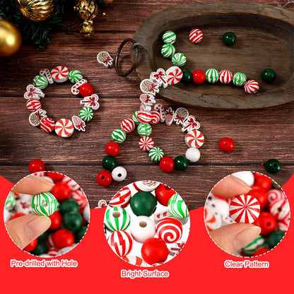 Qunclay 200 Pcs Christmas Beads for Crafts Wooden Christmas Beads Red Green and White Peppermint Candy Cane for Jewelry Making Holiday DIY Garland Party Tree Hanging Home