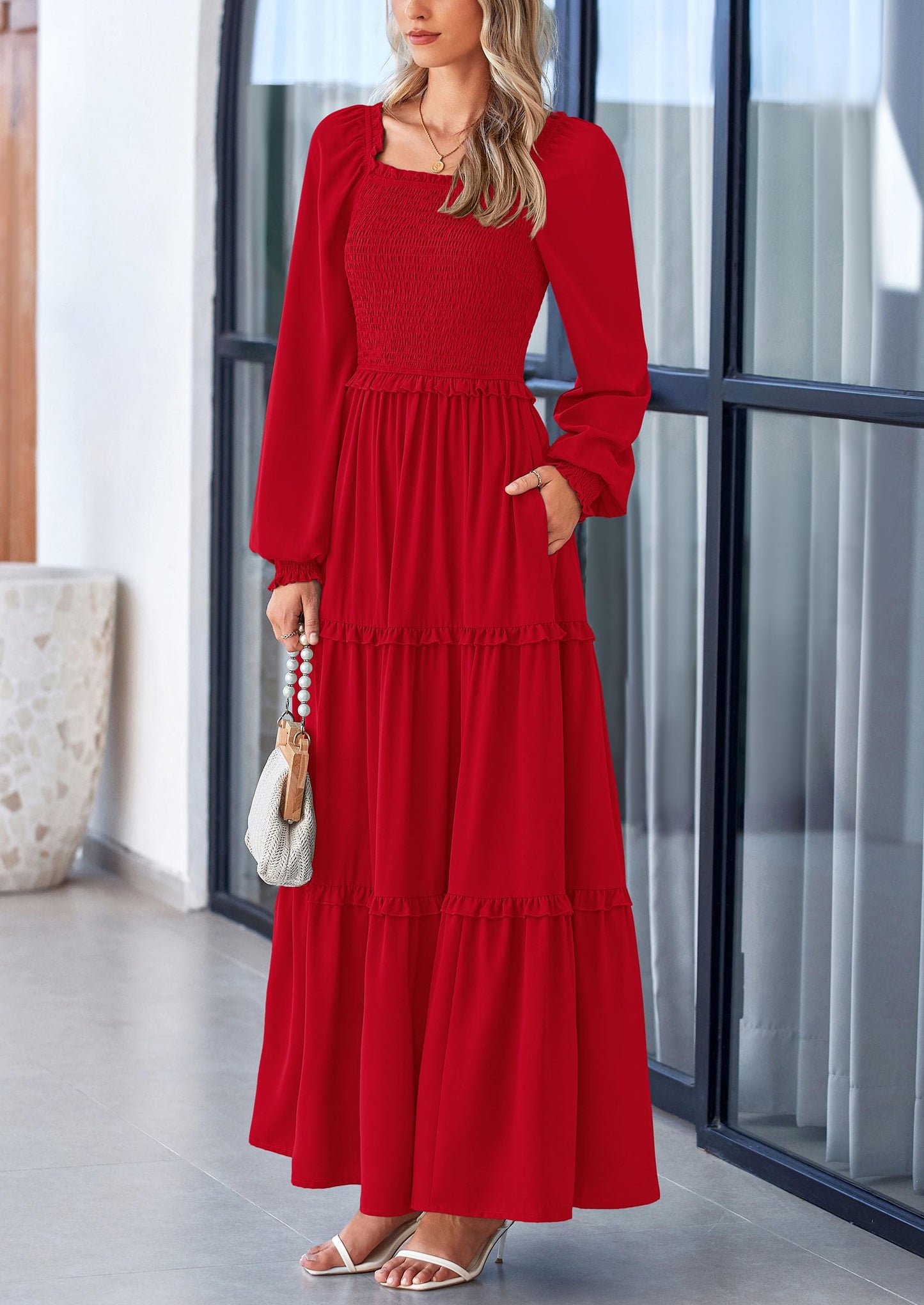 PRETTYGARDEN Fall Wedding Guest Dresses for Women 2025 Long Sleeve Square Neck Tiered A Line Modest Elegant Flowy Dresses (Red,Small)