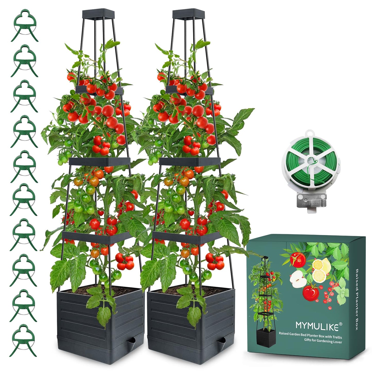 MYMULIKE 2 Pack Raised Garden Bed Planter Box with Trellis, 58” Tomato Cage Planter Raised Garden Bed with Trellis for Climbing Vegetables Plants Tomato Cage w/Self-Watering, Indoor Outdoor Use