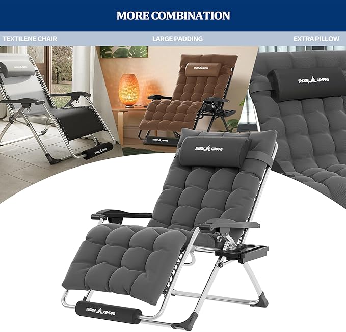UDPATIO Oversized Zero Gravity Chair Set of 2, 29In XL Patio Reclining Chair with Cushion, Outdoor Folding Recliner with Pillows|Cup Holder|Foot Rest|Padded Headrest, Burgundy, Support 500LB