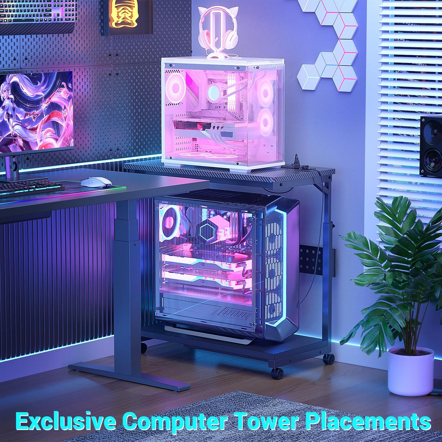 Besiost 32" Large Computer Tower Stand with Power Strips, 4 Levels Manual Height Adjustable PC Tower Stand for Under Desk, Mobile Rolling CPU Holder Computer Cart with Wheels, Carbon Fiber Black