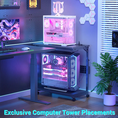 Besiost 32" Large Computer Tower Stand with Power Strips, 4 Levels Manual Height Adjustable PC Tower Stand for Under Desk, Mobile Rolling CPU Holder Computer Cart with Wheels, Carbon Fiber Black