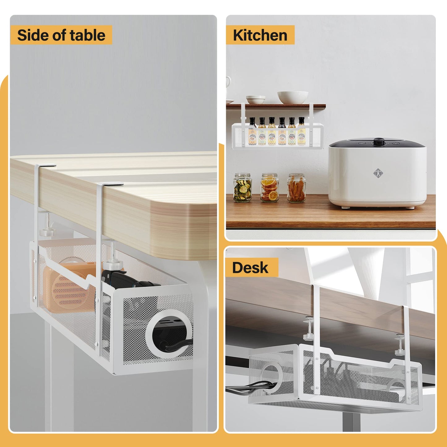 Under Desk Cable Management Tray White, Cinati Wire Organizers No Drill, Cable Tray with Clamp for Wire Management, Cord Organization Box for Office, Home - No Damage to Desk