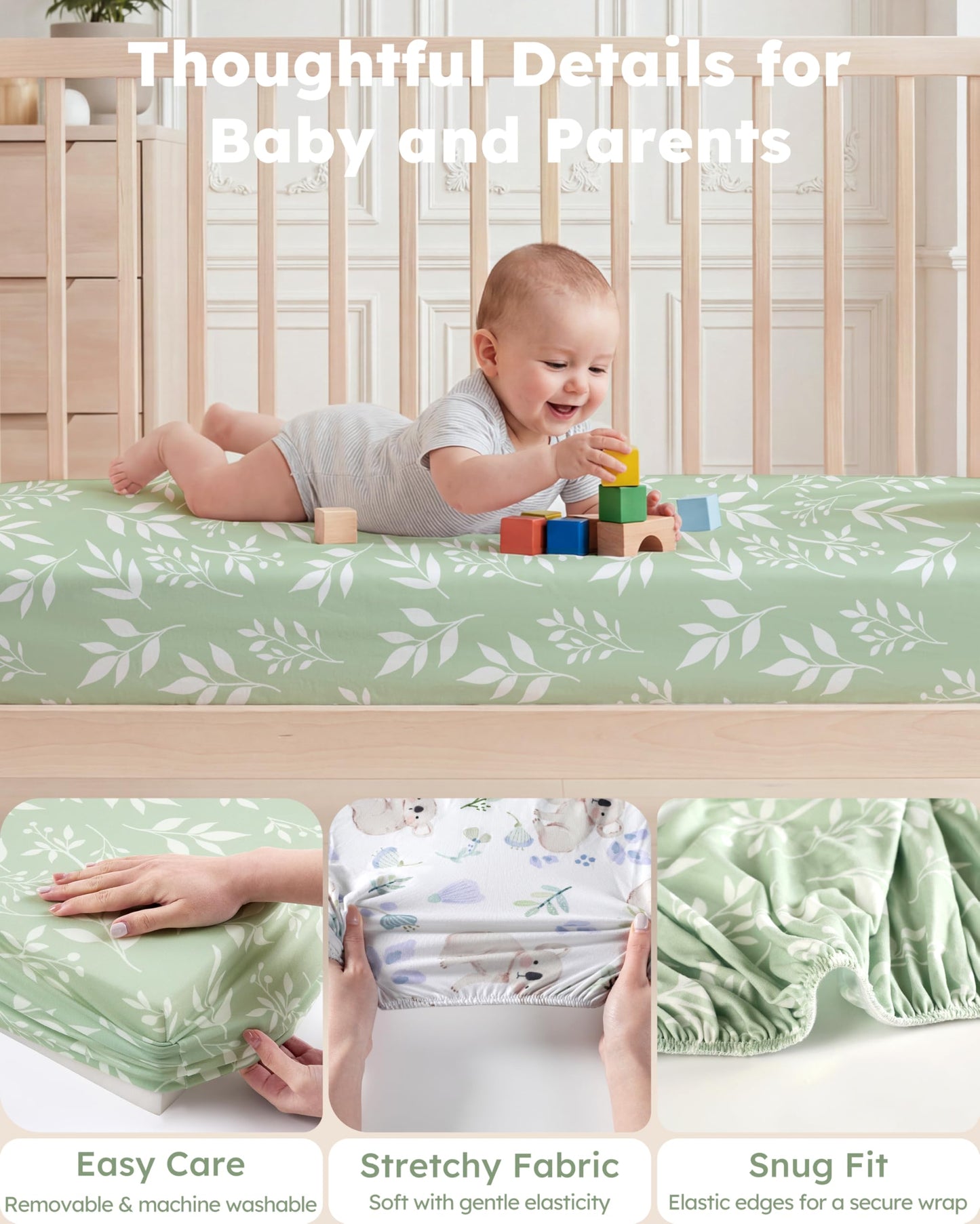 Nyessmee Pack and Play Sheets for Boys Girls, 38" x 26" Mini Crib Sheets Fitted for Pack n Play Mattress, Soft Breathable Playard Sheets, 2-Pack Green Koala