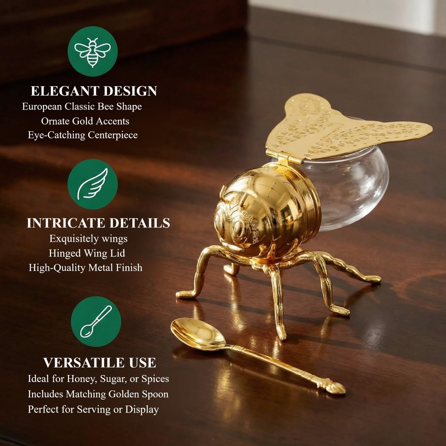 Decorative Bee Shaped Honey Jar with Spoon, 5 oz Honey Pot Syrup Dispenser Condiment Container with Lid & Dipper for Kitchen Home Bee Themed Serverware