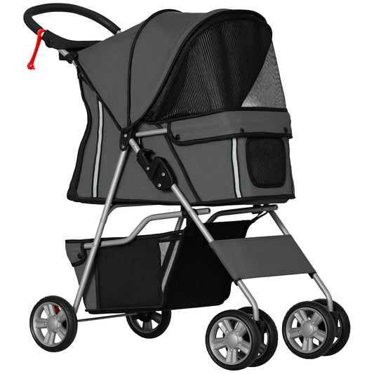 PawHut Pet Stroller for Small Miniature Dogs Cats Foldable Travel Carriage with Wheels Zipper Entry Cup Holder Storage Basket Grey