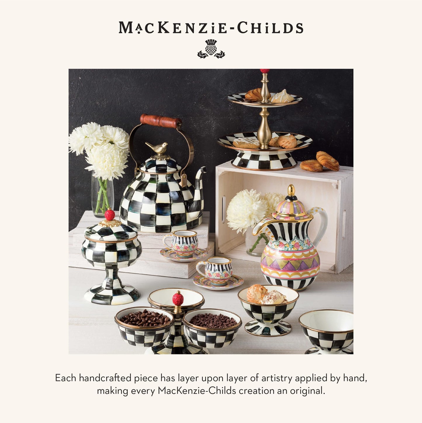 MACKENZIE-CHILDS Farmhouse Salt and Pepper Shaker Set, Ceramic Salt and Pepper Holders, Black-and-White Courtly Check