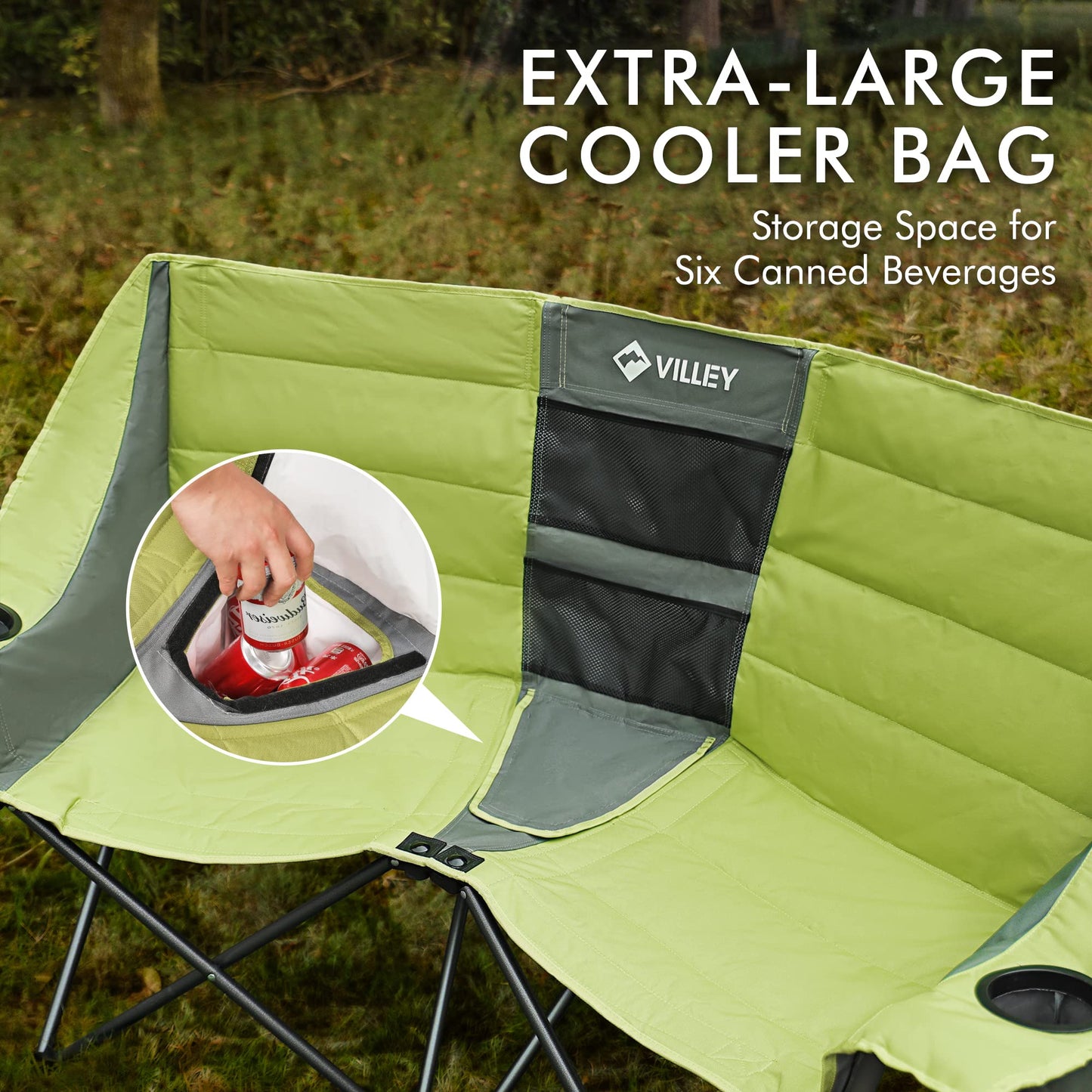 VILLEY Double Camping Chair w/Cooler Bag, Extra Wide Loveseat, Heavy Duty Padded Camping Couch, Portable Folding Chair w/Carry Bag Steel Frame Cup Holders for Camp Lawn Picnic Sports, Support 600LBS