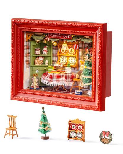 Rolife DIY Miniature House Kit, Mini Wooden Dollhouse Kit for Adults to Build, 3D Shadow Box Frame Home Wall Hanging Decor Diorama Kit, for Girls Women Teens-Christmas Eve Party