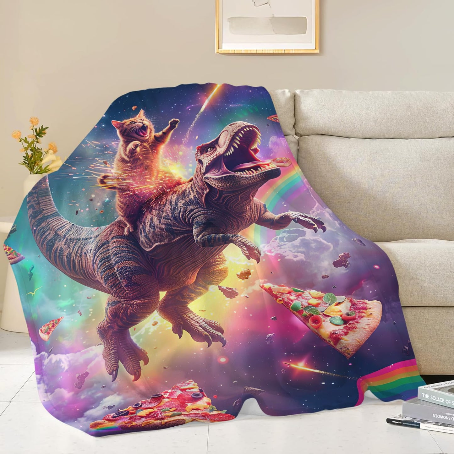 Cat and Dinosaur Blanket Rainbow Pizza Dino Cat Throw Blanket Gifts for Adults Men Women Boys Girls Kids Super Soft Cozy Plush Fluffy Fuzzy Fleece Blanket Decor 50''X60''