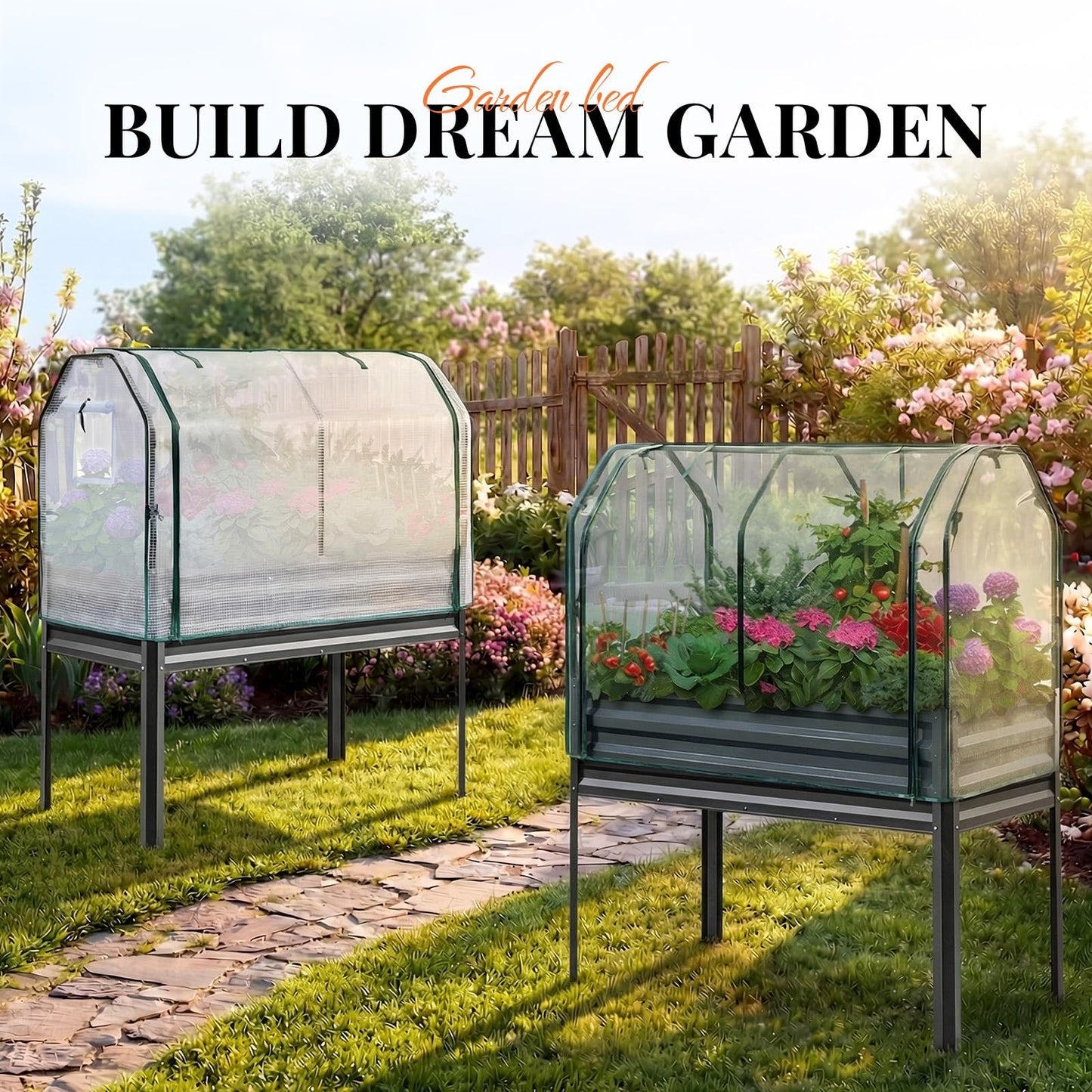 KING BIRD Large Raised Garden Bed with Cover & Netting Galvanized Elevated Planter Box with Legs 48×24×56 in for Backyard, Patio, Balcony, 400lb Capacity, Dark Grey