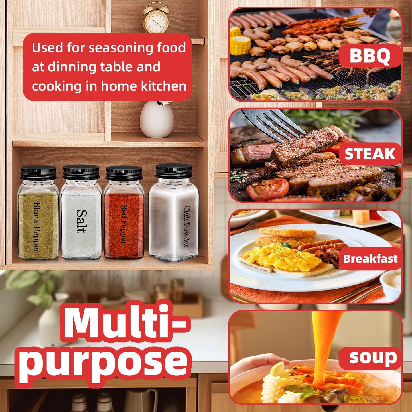 6Pcs 6 oz Square Glass Spice Jars with Label, Empty Spice Containers with Black iron Lids, Square Seasoning Containers and Supplement Set, Small Seasoning Bottles for Salt, Herbs, Sugar, Pepper (6)
