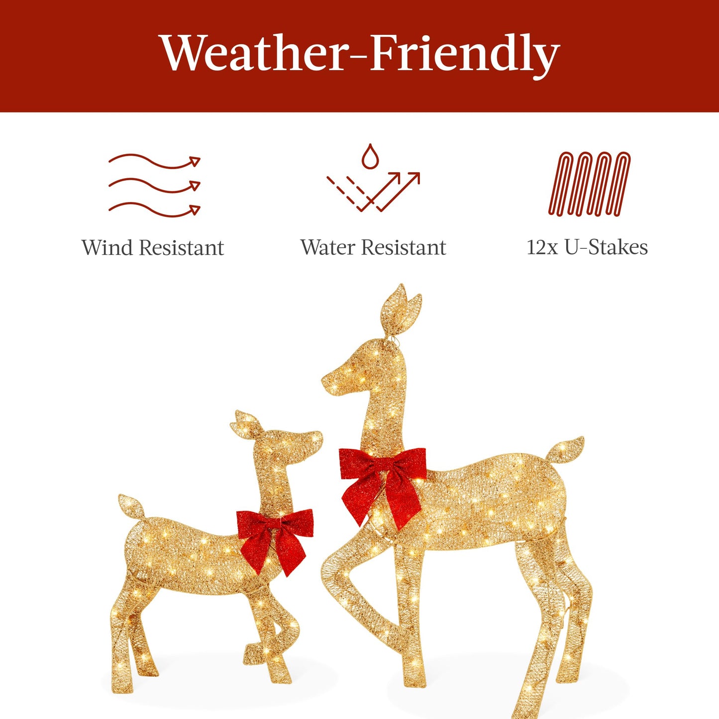 Best Choice Products 4ft 3-Piece 2D Lighted Christmas Deer Family Set, Large Outdoor Yard Reindeer Holiday Decoration with 175 LED Lights, Stakes, Zip Ties - Gold