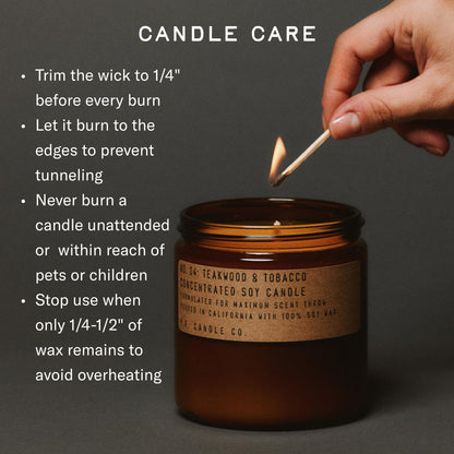 P.F. Candle Co. Teakwood & Tobacco Classic Large Concentrated Scented Soy Wax Candle (12.5 oz) 60-70 Hour Burn Time, Amber Glass Jar, Made in the U.S.A.