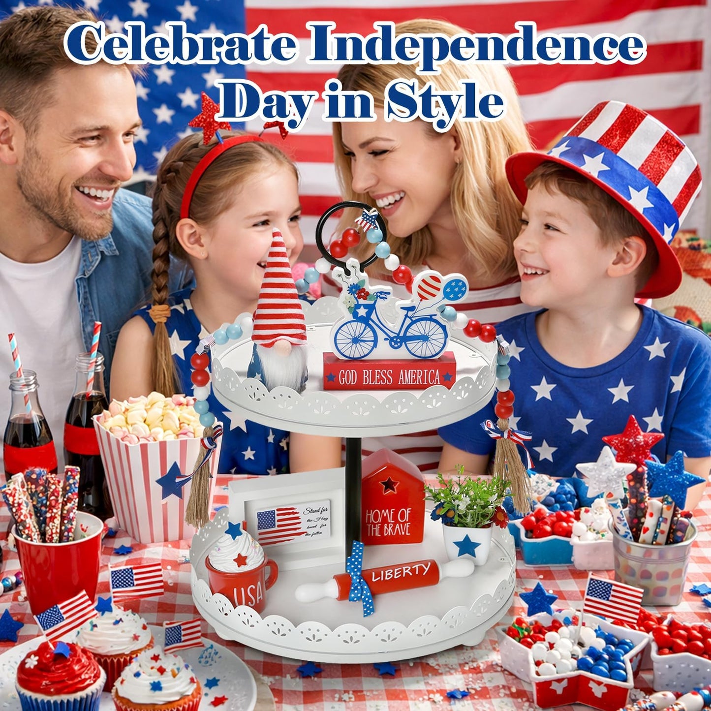 4th of July Decorations Patriotic Tiered Tray Decor Set, 8 PCS Memorial Day Fourth of July Decorations for Home Office Farmhouse Red White and Blue Tabletop Centerpieces Shelf Mantel Tray Decor Signs