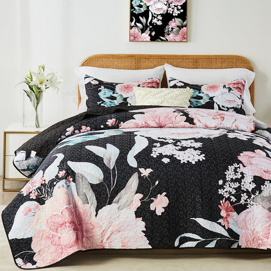 Yogeneg King Size Quilt Set, Pink Floral Botanical Pattern Black Bedding Set,3 Piece Lightweight Soft Summer Bedspread Coverlet with 2 PIillow Sham for All Season(Pink Floral,110"x96")