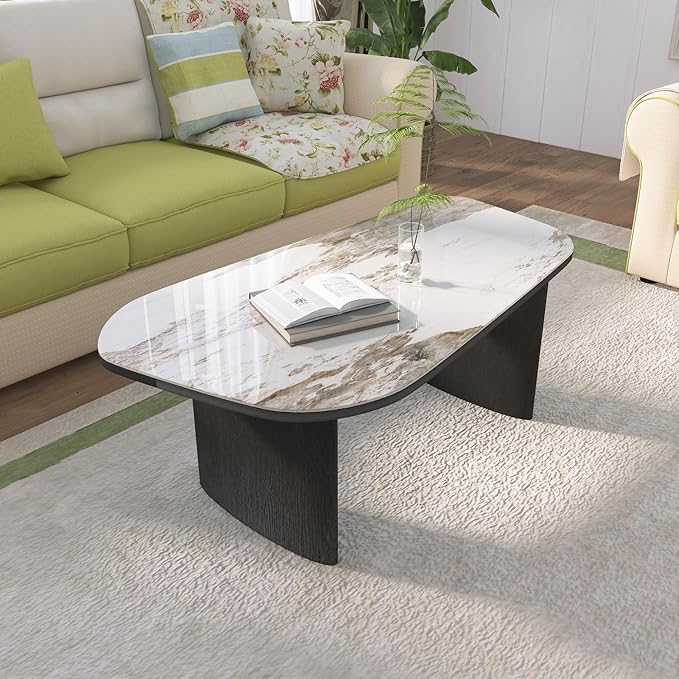 Luxury Marble Coffee Table, Premium Sintered Stone Top, Natural Wood Look Base