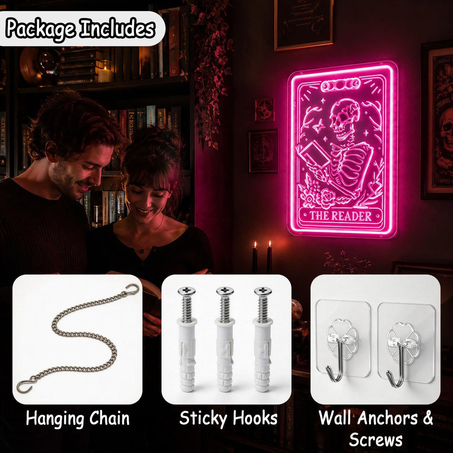 Whfobfe Pink Neon Sign Led Neon Lights Signs for Wall Decor USB Powered Led Signs for Room Decoration-Skeleton Reading Book