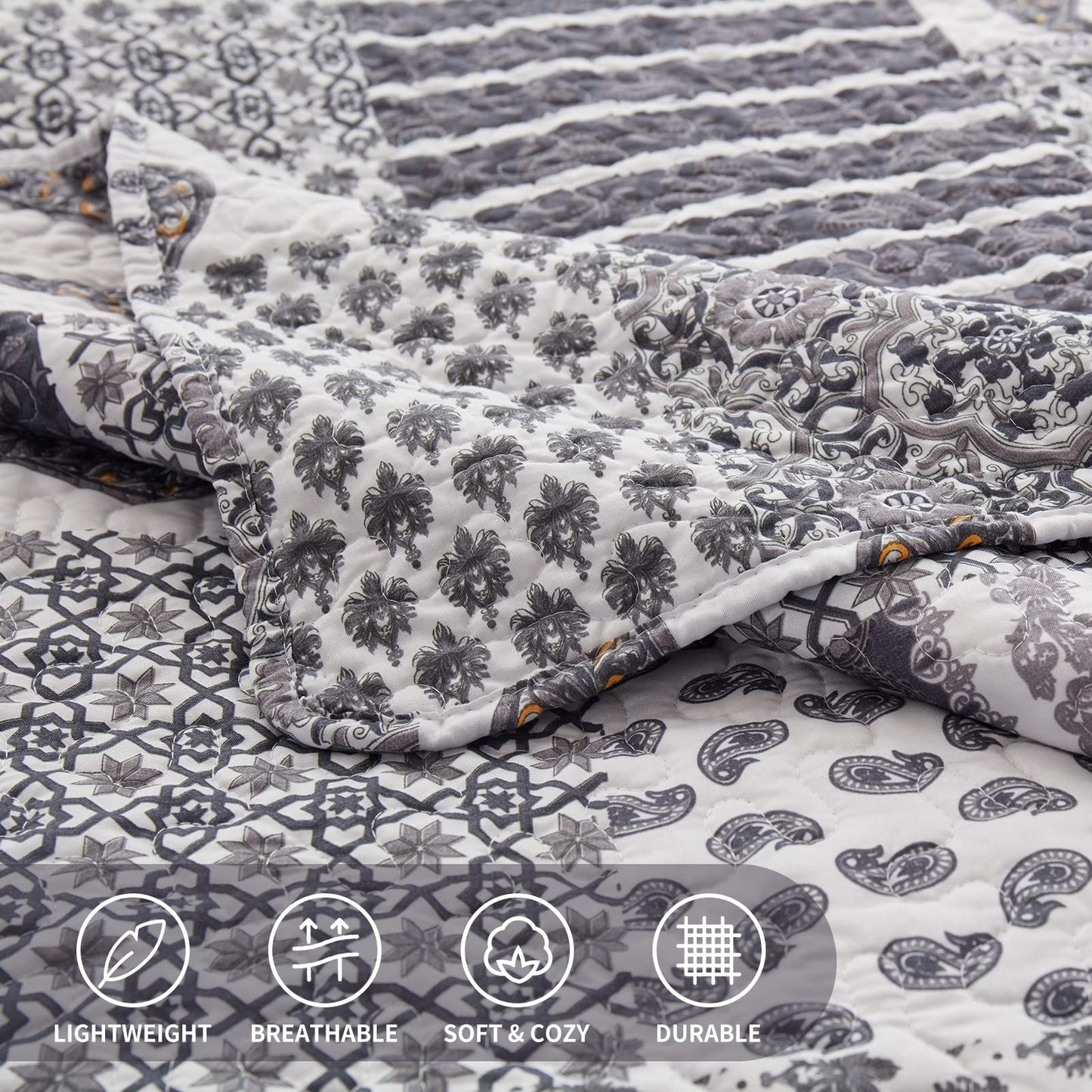 LEAONME Quilt Set Full/Queen Size 3 Piece Bedspread Coverlet Lightweight Comforter Microfiber Bedding Set for All Season Oversized 90x98 Inch Bed Cover Floral Paisley Gray(1 Quilt,2 Pillow Shams)