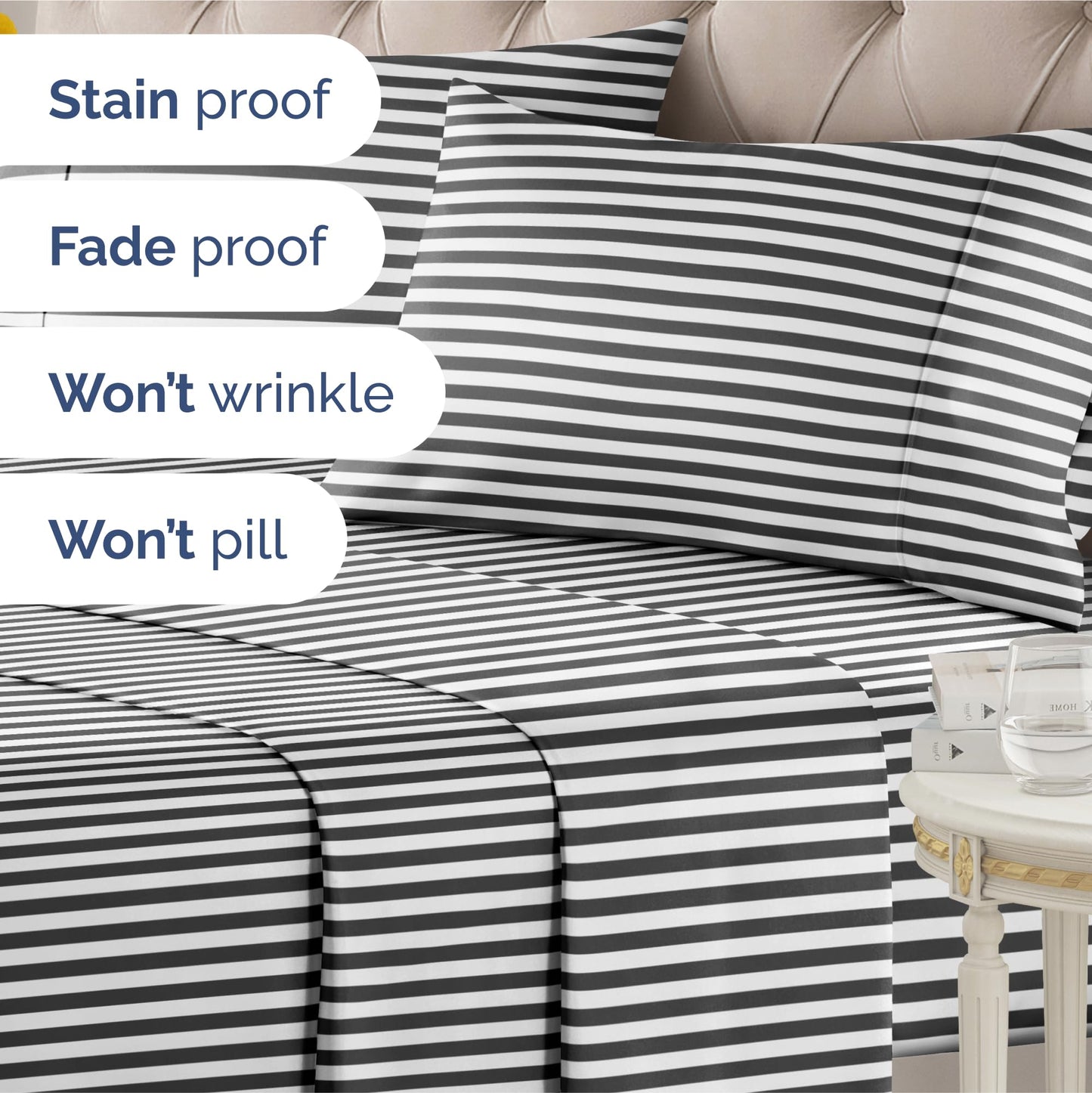Striped Sheets - Black & White Striped Sheets - 1 Flat & 1 Fitted & 2 Pillowcases w/ Deep Pockets – Wrinkle & Fade Free - Soft, Breathable and Cooling – Luxury Pinstripe Bedding - Full Size Bed Set