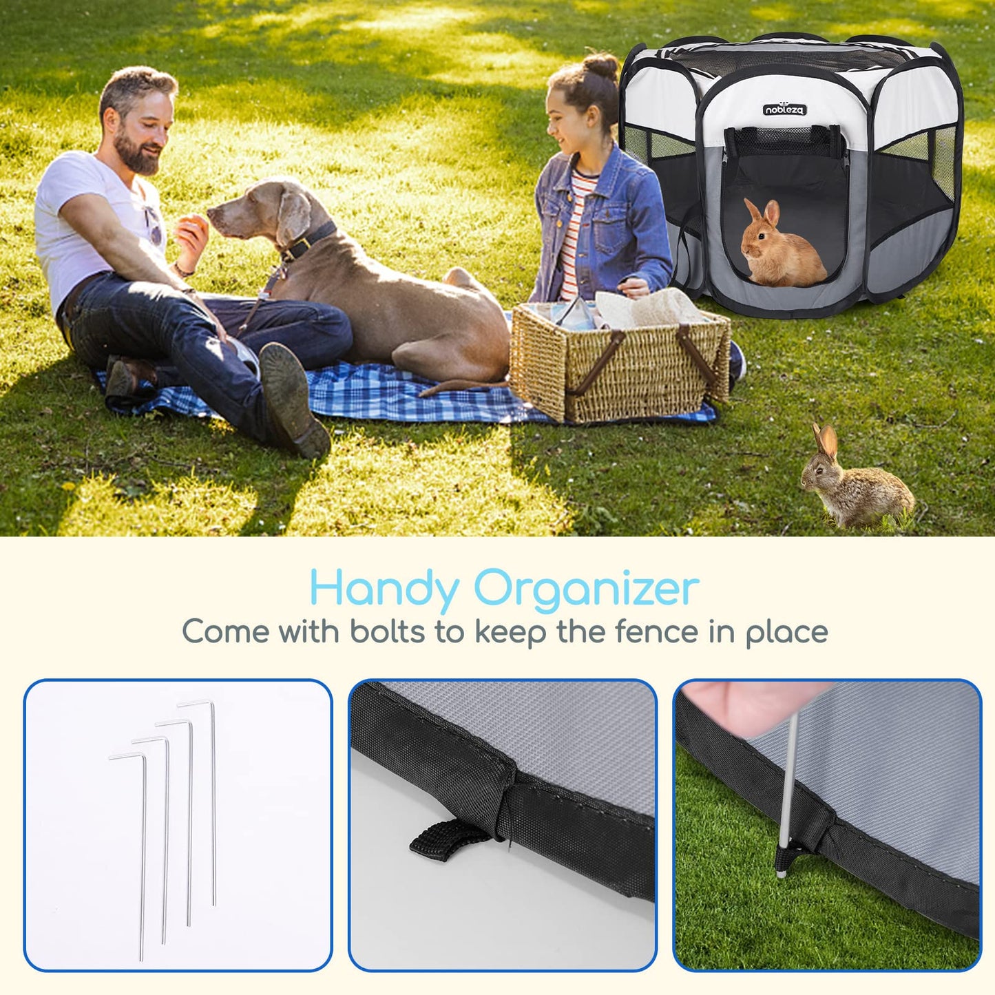 Nobleza Pet Playpen Portable Foldable Dog Cat Puppy Pen for Indoors Outdoor Pop Up Pet Fence Breathable Mesh Pet Carrier Kennel Soft Cage Tent for Rabbit Hamster Guinea Pig Beige Gray,24.4x24.4x17.7in