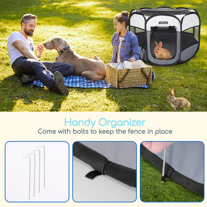 Nobleza Pet Playpen Portable Foldable Dog Cat Puppy Pen for Indoors Outdoor Pop Up Pet Fence Breathable Mesh Pet Carrier Kennel Soft Cage Tent for Rabbit Hamster Guinea Pig Beige Gray,24.4x24.4x17.7in