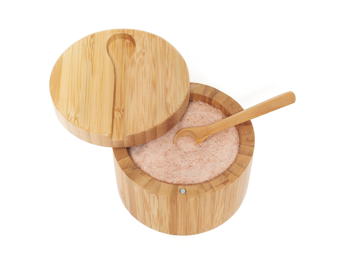 Lipper International Bamboo Wood Salt and Spice Box with Spoon and Swivel Cover, 4" Diameter x 2.75" Tall