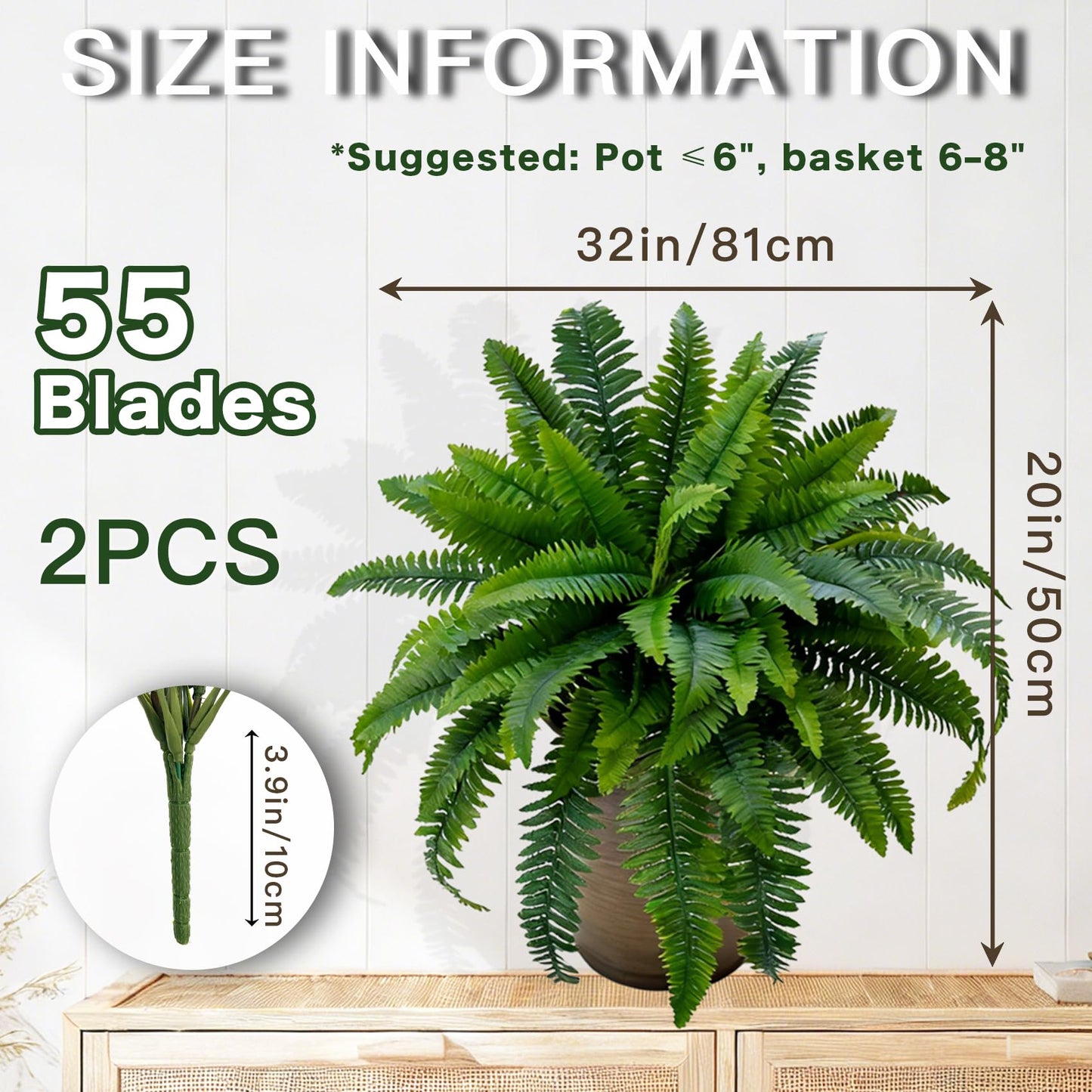 Senjie Artificial Boston Fern 2 Set 55 Branches Fake Ferns for Outdoors 32Inch Faux Plant for Home Living Room Office Decor