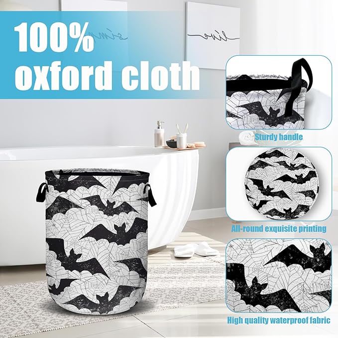 Retro Black White Bat Laundry Basket, Halloween Laundry Hamper Collapsible