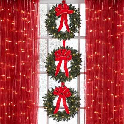 BrylaneHome Set of 3 Pre-Lit 16 inch Christmas Wreaths with 20 Warm Lights & Timer Function, Pre-Decorated, Cordless, No Outlet Required - Poinsettia
