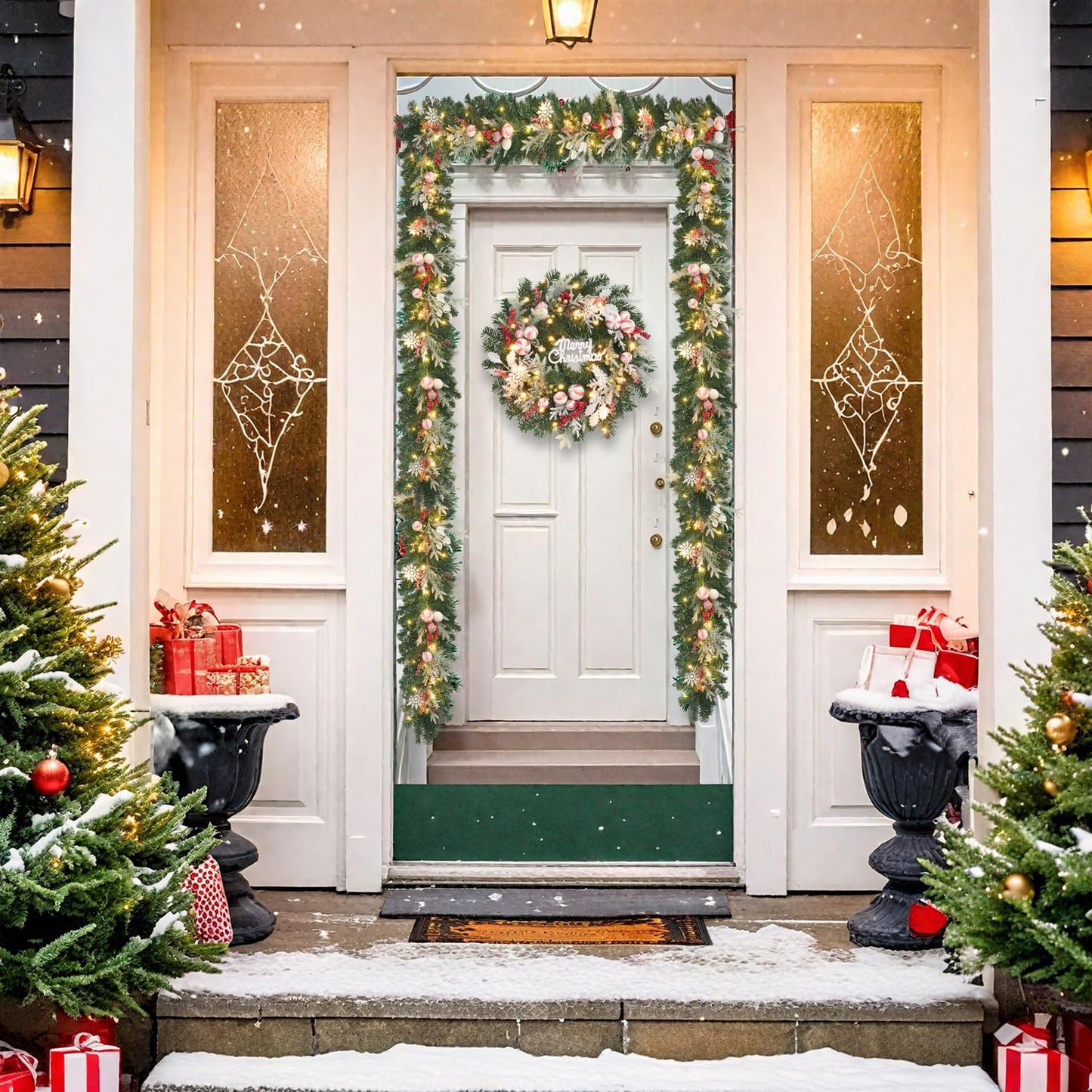6ft red White Christmas Candy Garland with Lights,30 LED with Timer, Lighted Door,Fireplace, Mantel and Stairs Winter Decor,Entryway Porch Decoration,prelit Christmas Garland for Front Door