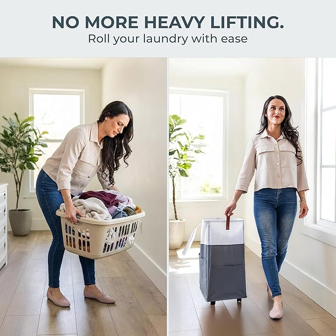 Laundry Basket with Wheels – Foldable, Space-Saving, Fabric Slim Laundry Hamper